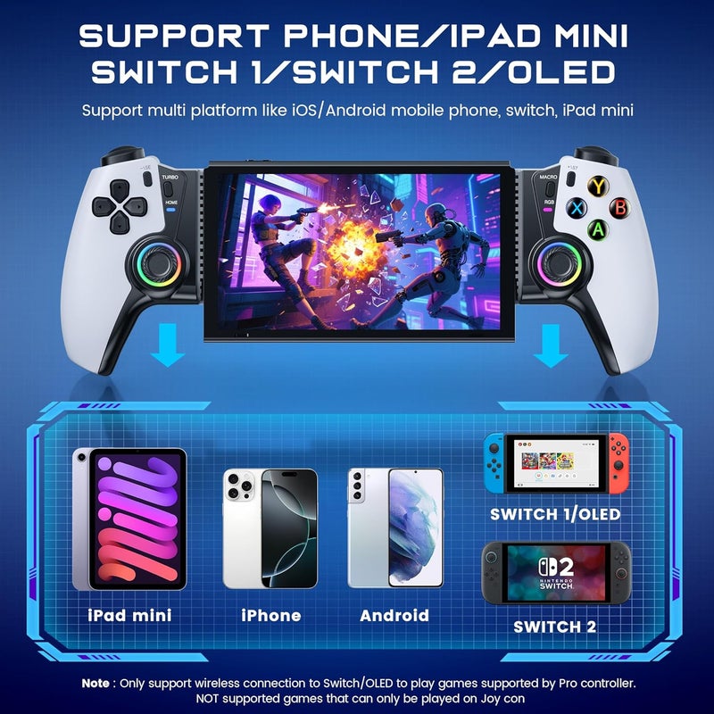 KICKDOT Wireless Phone Controller for iPhone/Android/Switch 1/2/OLED/iPad Mini With Hall Joystick, LED Mobile Gaming Controller for iOS Support Xbox, Steam Link, GeForce Now, Arcade,Roblox,PlayStation 3 Skins - Image 2